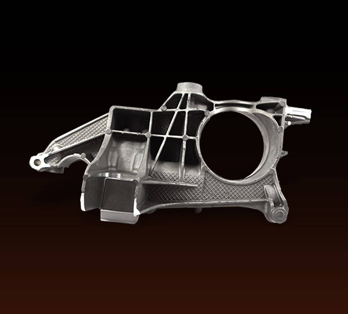 Alt text: A carbon fiber mechanical part with a circular opening and intricate structural reinforcements, showcased on a black background.