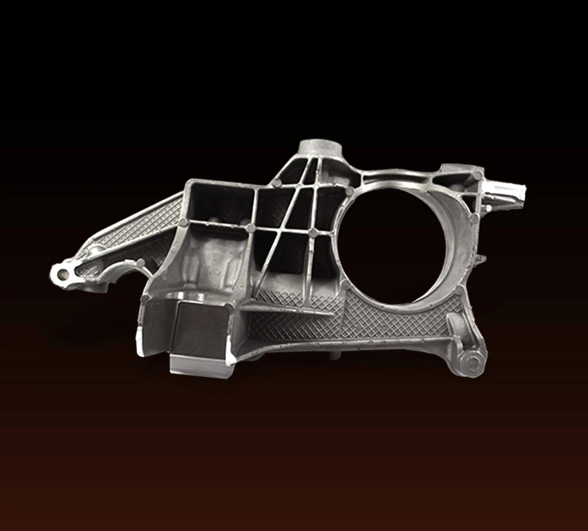 Alt text: A carbon fiber mechanical part with a circular opening and intricate structural reinforcements, showcased on a black background.