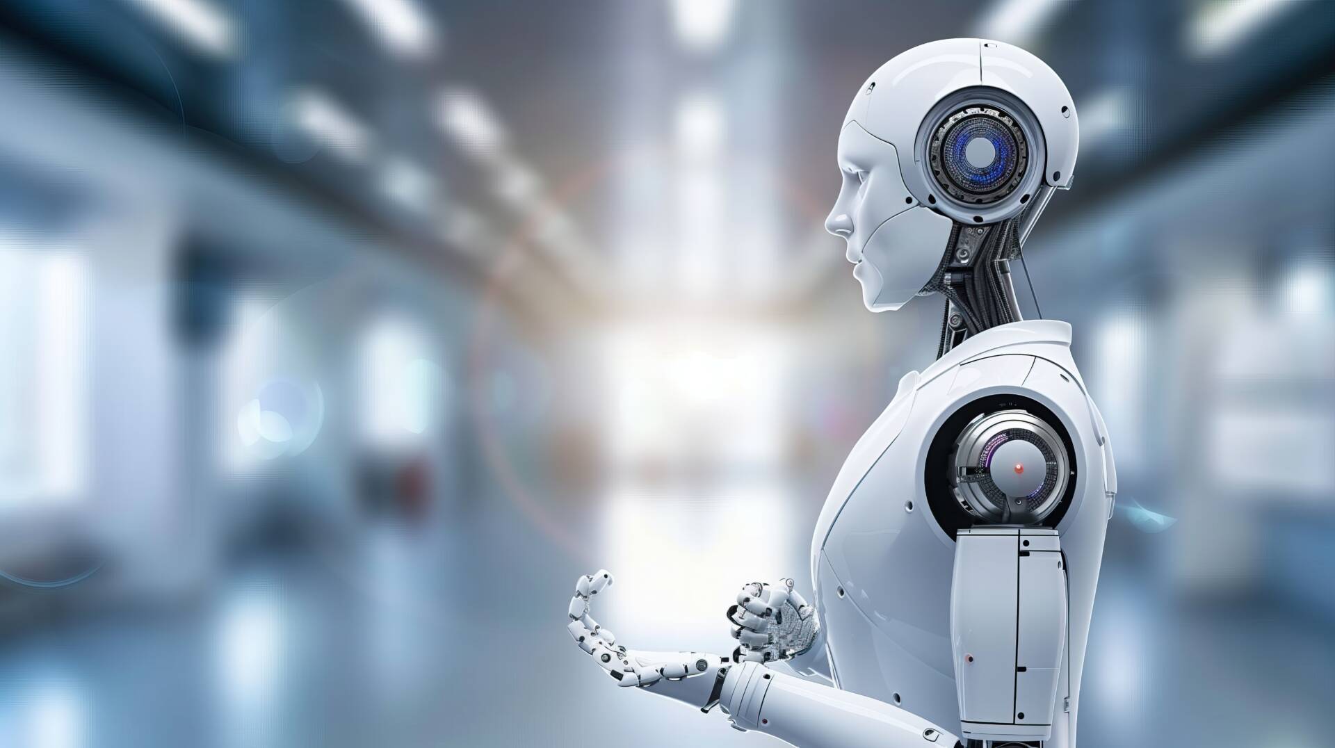 white artificial intelligence humanoid robot stands in futuristic setting technology background copy space