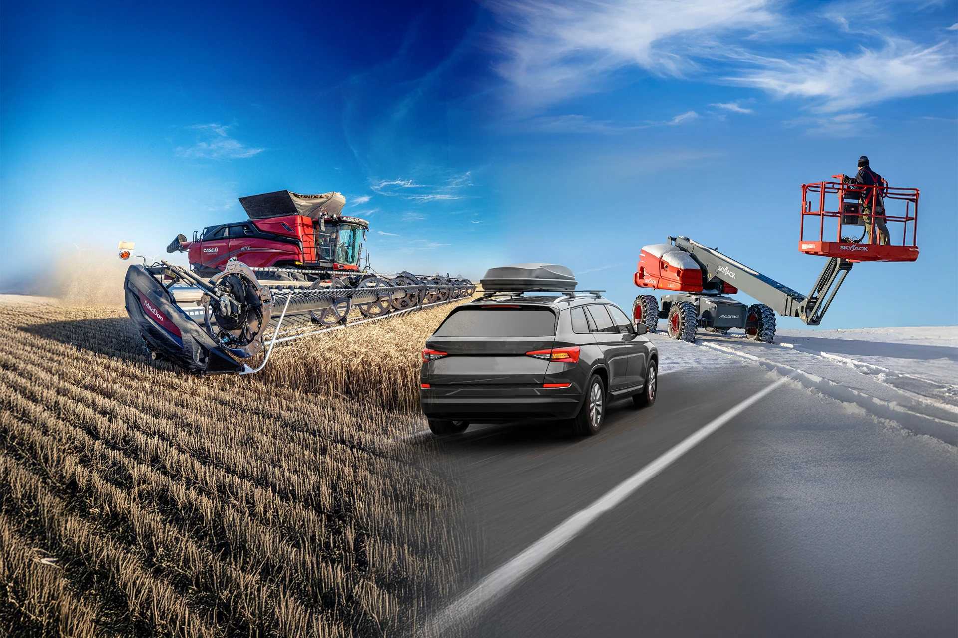 A collage showing multiple vehicles performing different tasks: a combine harvester working in a field, a car driving on a highway, a snowmobile on a snowy surface, and a cherry picker lifting a worker.