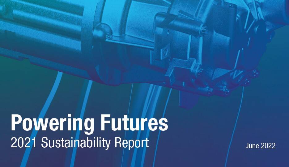 Close-up view of industrial machinery with overlay text "Powering Futures 2021 Sustainability Report" and date "June 2022" on a blue background.