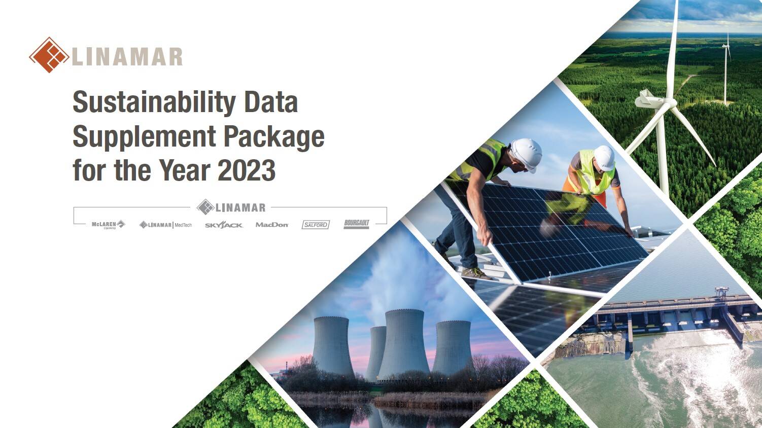 Cover image for Linanah's 2023 Sustainability Data Supplement Package, featuring workers installing solar panels and industrial cooling towers.