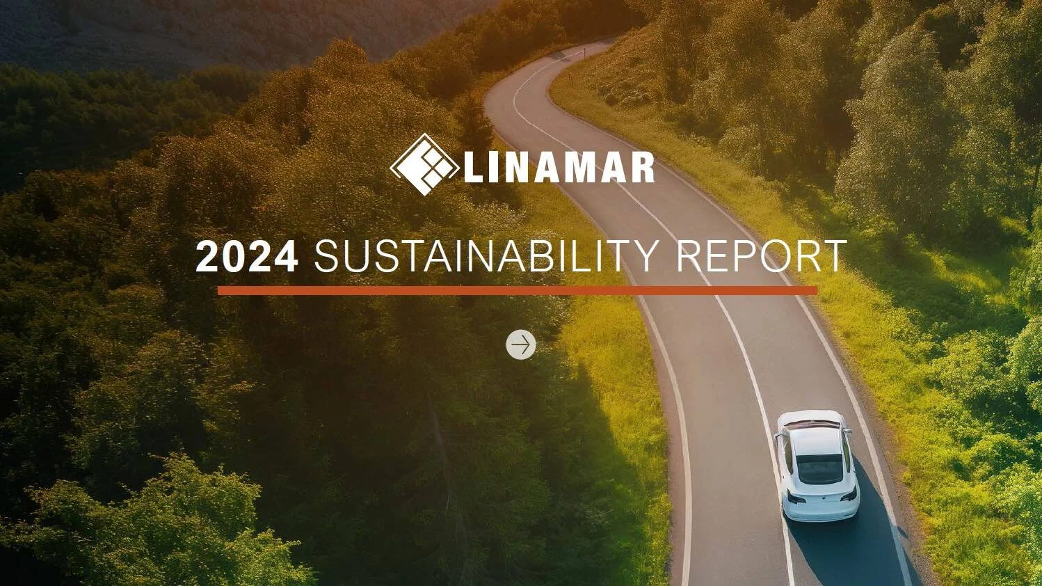 Aerial view of a white vehicle driving on a winding road surrounded by dense green forest, featured in Linamar's 2024 Sustainability Report cover image.