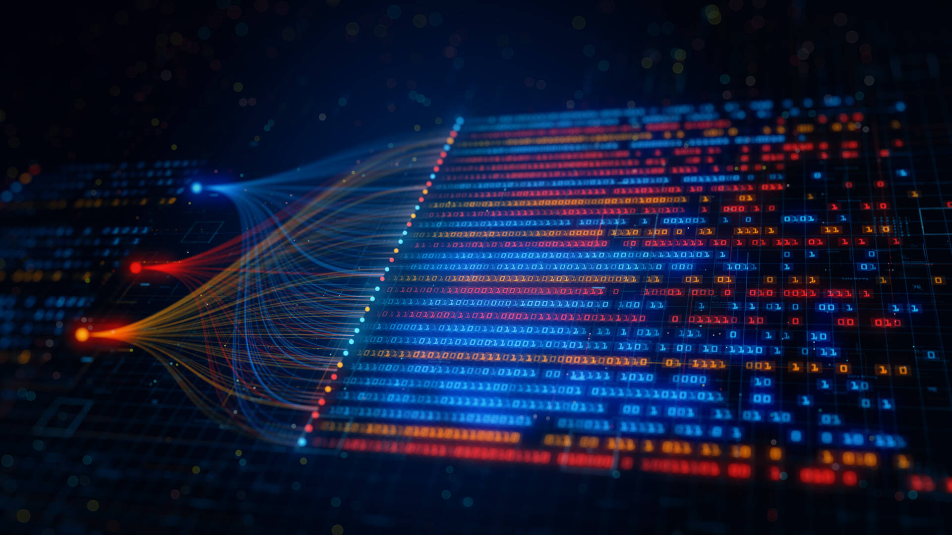 Visualization of data flow in a digital network featuring interconnected glowing lines and streams of blue and red binary code.