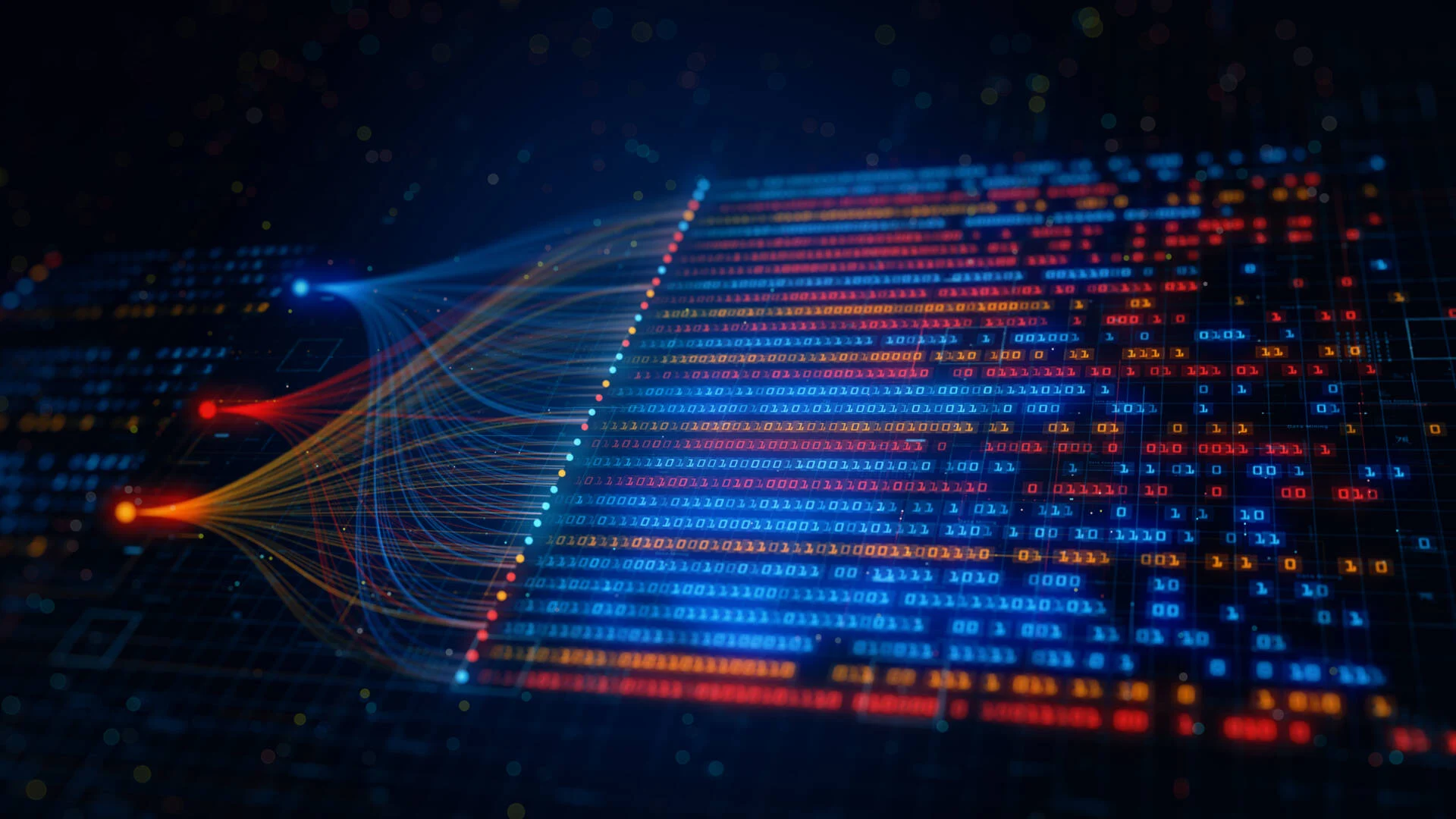 Visualization of data flow in a digital network featuring interconnected glowing lines and streams of blue and red binary code.