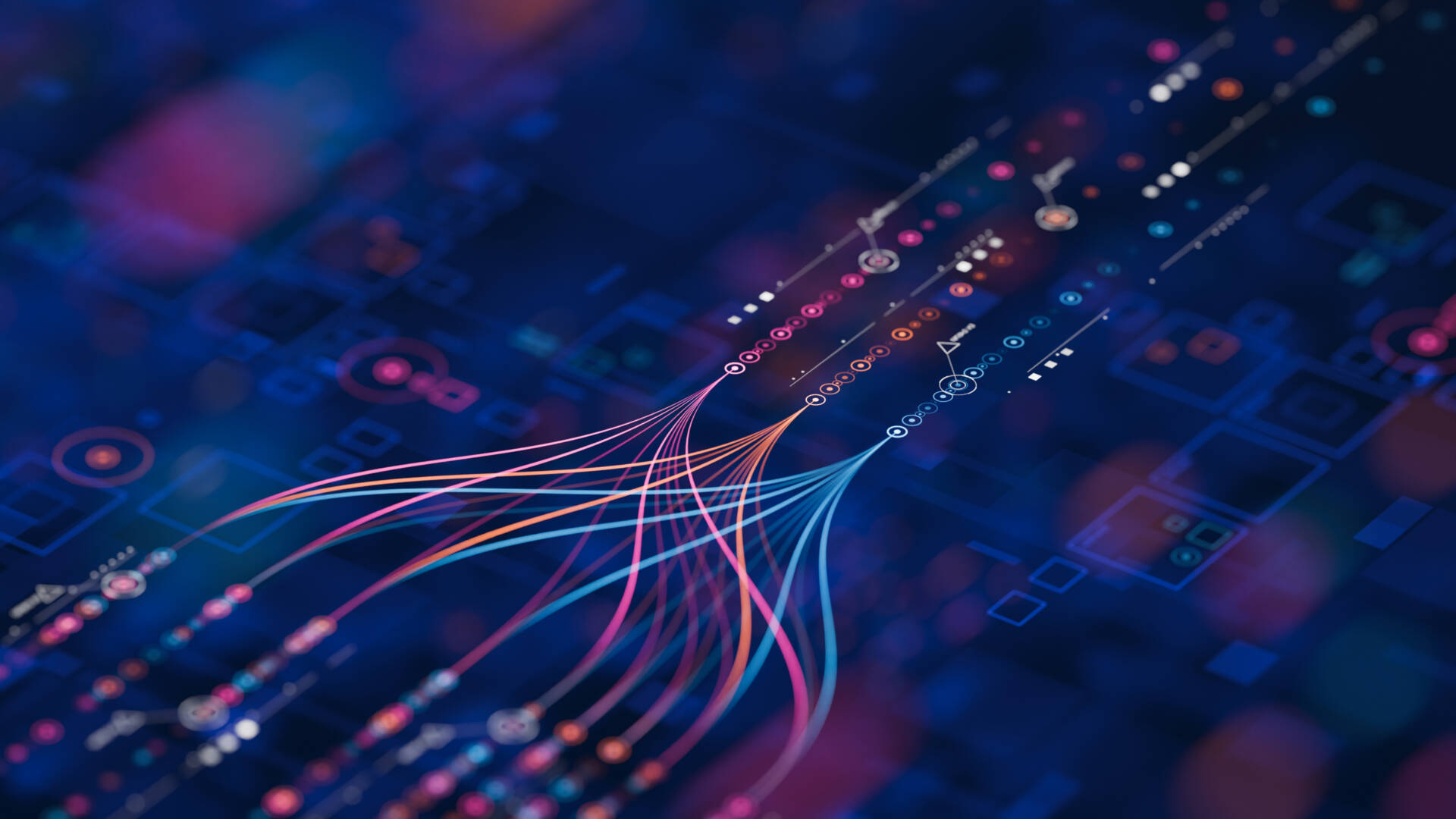 Abstract digital illustration of interconnected colorful data streams and lines on a dark blue circuit board background, representing technology and information flow.