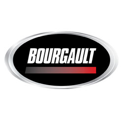 Logo of Bourgault, featuring bold white text on a black oval background with a gradient red bar below.
