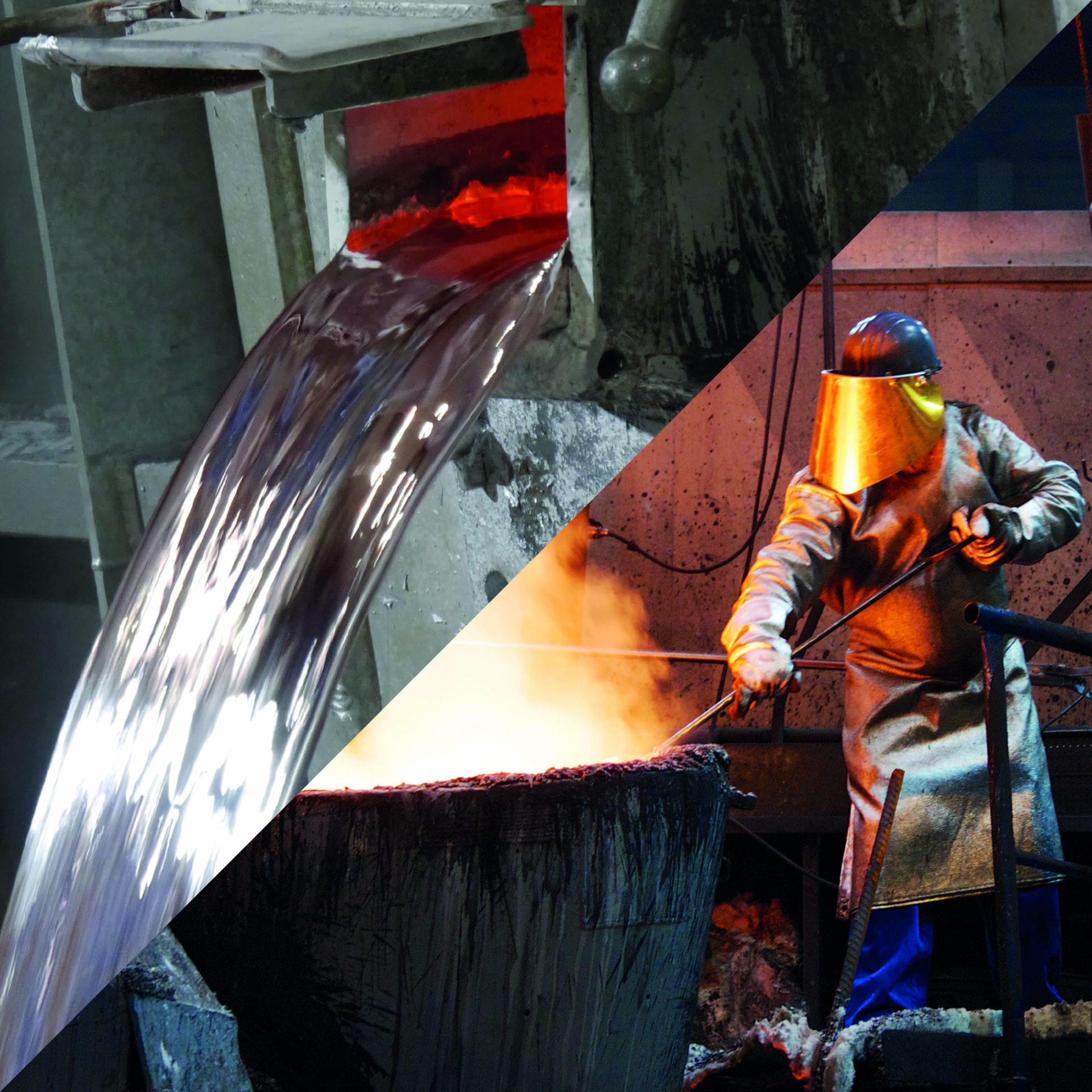 Split image showing molten metal being poured from a furnace on the left and a worker in protective gear handling hot metal in a foundry on the right.