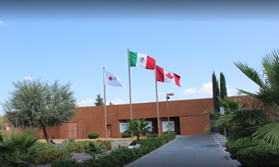 Three flags, including those of Mexico and Canada, flying on flagpoles outside a modern brick building surrounded by greenery under a clear blue sky.