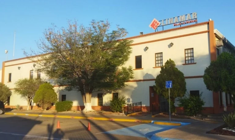 Front view of a beige commercial building with bushes, trees, and handicap parking spaces in front under a clear sky.