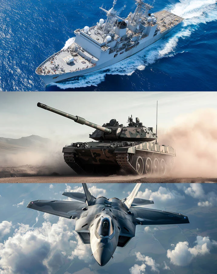 Aerial view of a military warship at sea, a tank firing on a dusty battlefield, and a fighter jet flying above the clouds.