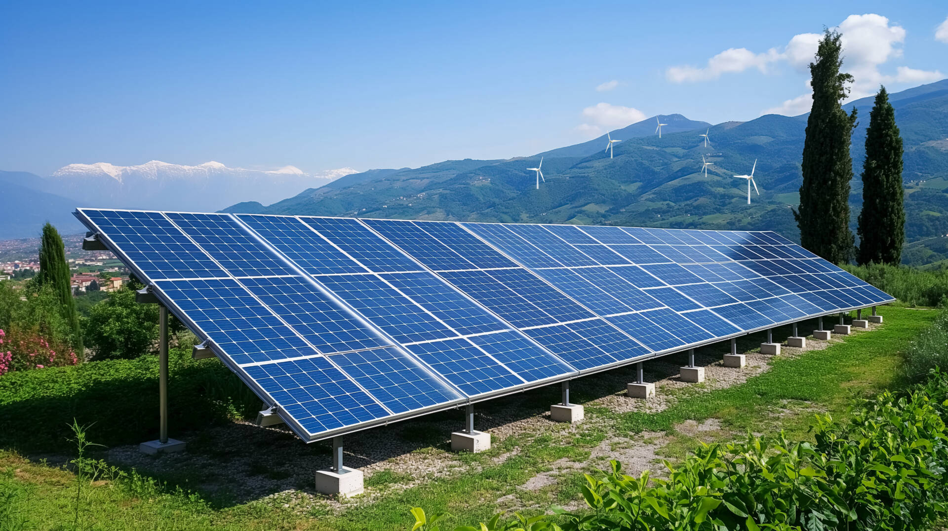 Array of solar panels installed on a green hillside with mountains and wind turbines in the background under a clear blue sky.