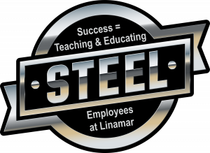 Logo featuring the word "STEEL" with the phrase "Success = Teaching & Educating Employees at Linamar" in a circular design.