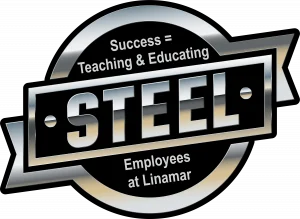 Logo featuring the word "STEEL" with the phrase "Success = Teaching & Educating Employees at Linamar" in a circular design.