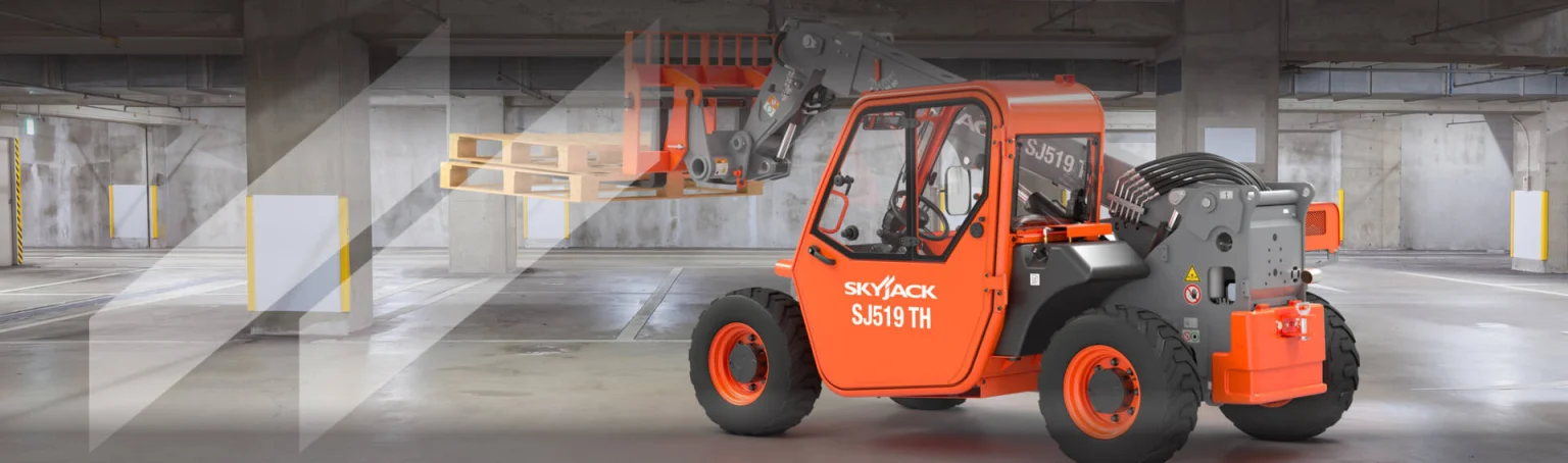 Orange forklift operating in a large, empty industrial warehouse with concrete floors and overhead lighting.