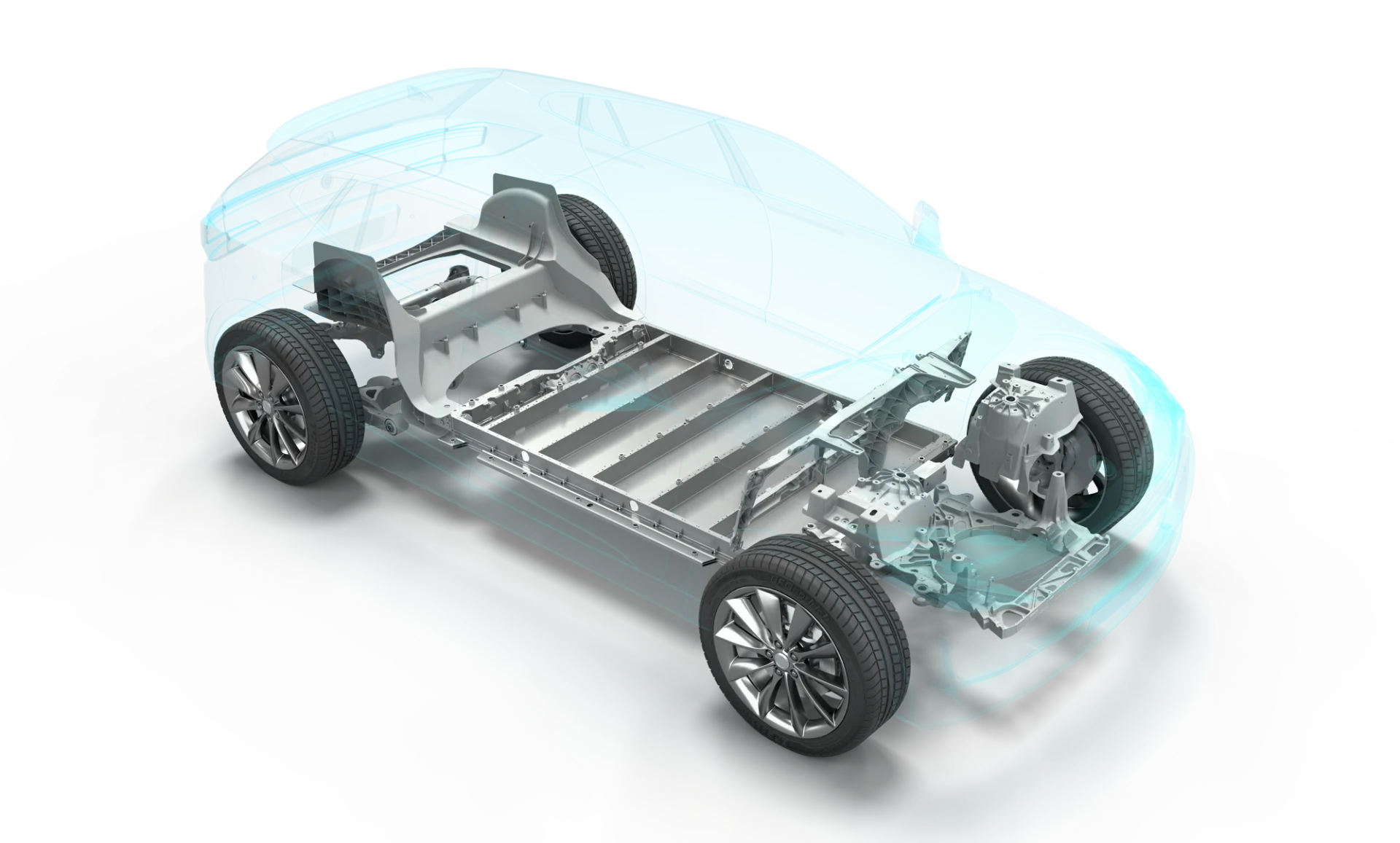 Cutaway illustration of an electric vehicle chassis showing battery packs, motor, and internal components.