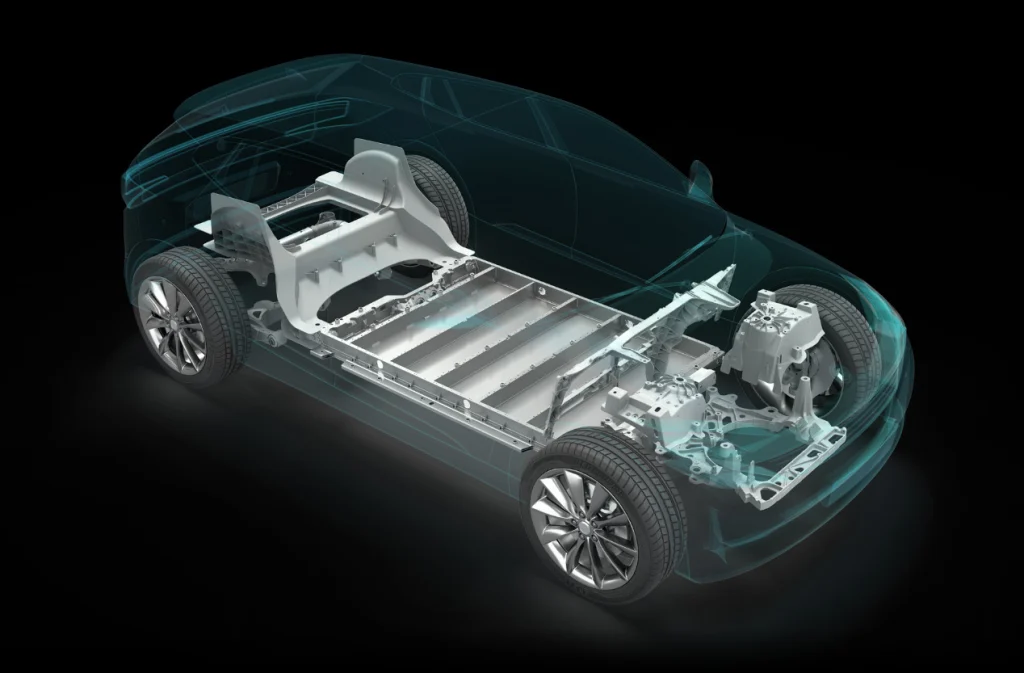 3D rendering of an electric vehicle chassis highlighting the battery pack and motor components inside a compact car frame.