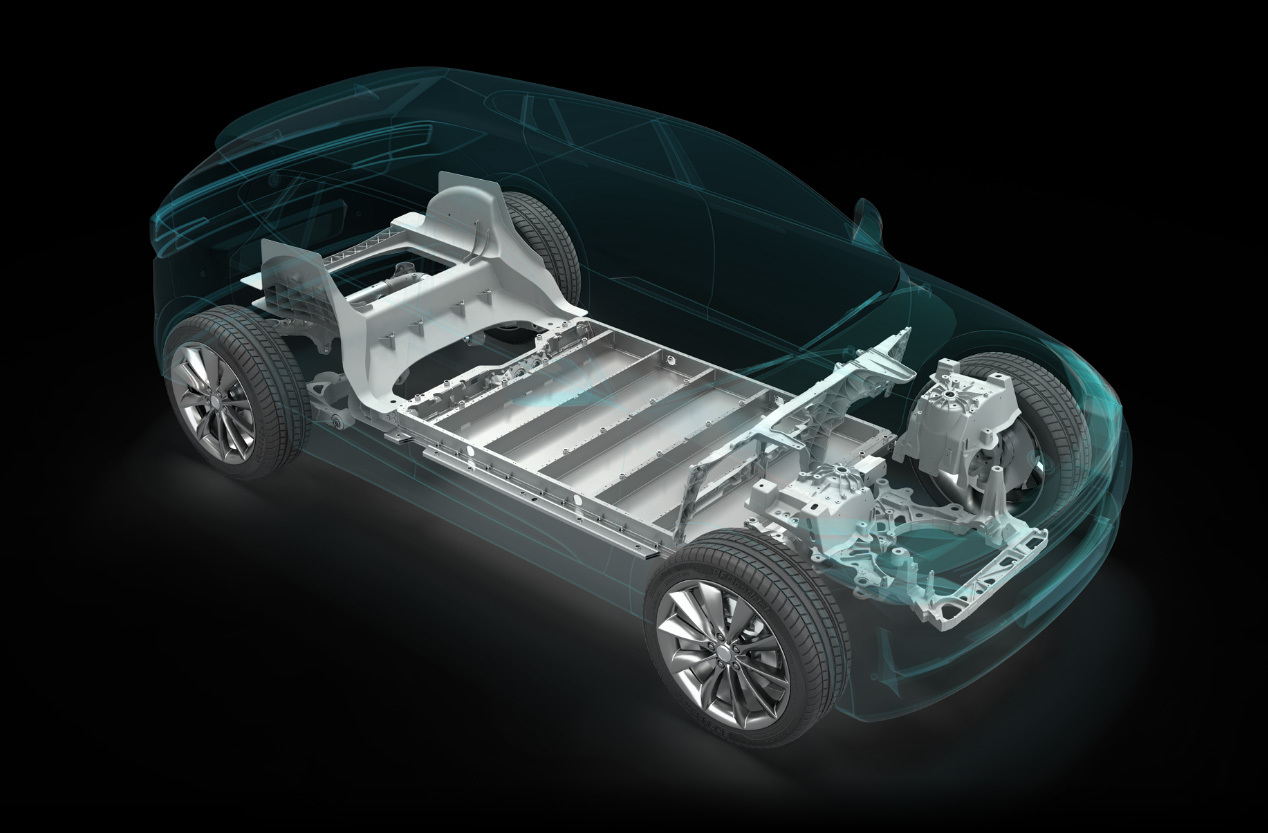 3D rendering of an electric vehicle chassis highlighting the battery pack and motor components inside a compact car frame.