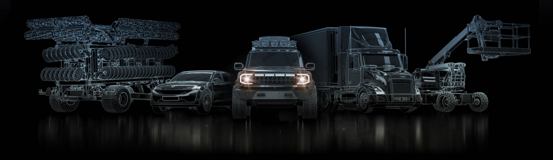 Line art illustration featuring a car, truck, and various automotive parts against a dark background.