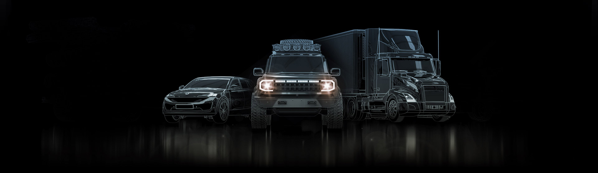 Front view of three vehicles — a sports car, an SUV, and a semi-truck — displayed against a black background with reflective flooring.