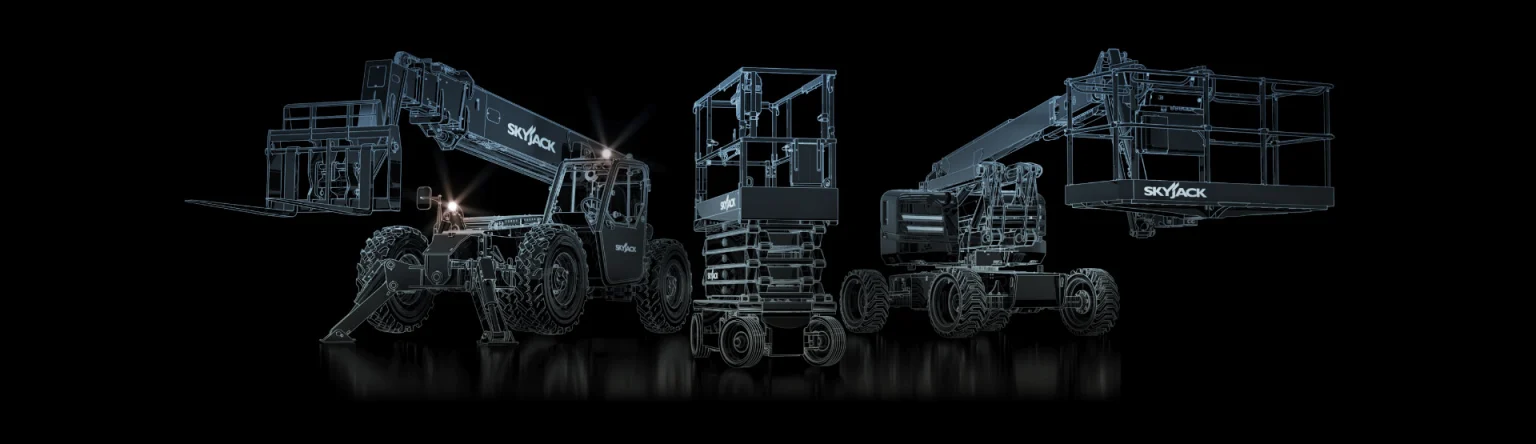 Side view of three industrial scissor lift platforms with extended arms against a black background.