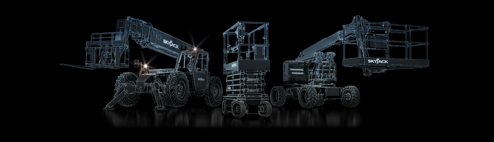 Side view of three industrial scissor lift platforms with extended arms against a black background.