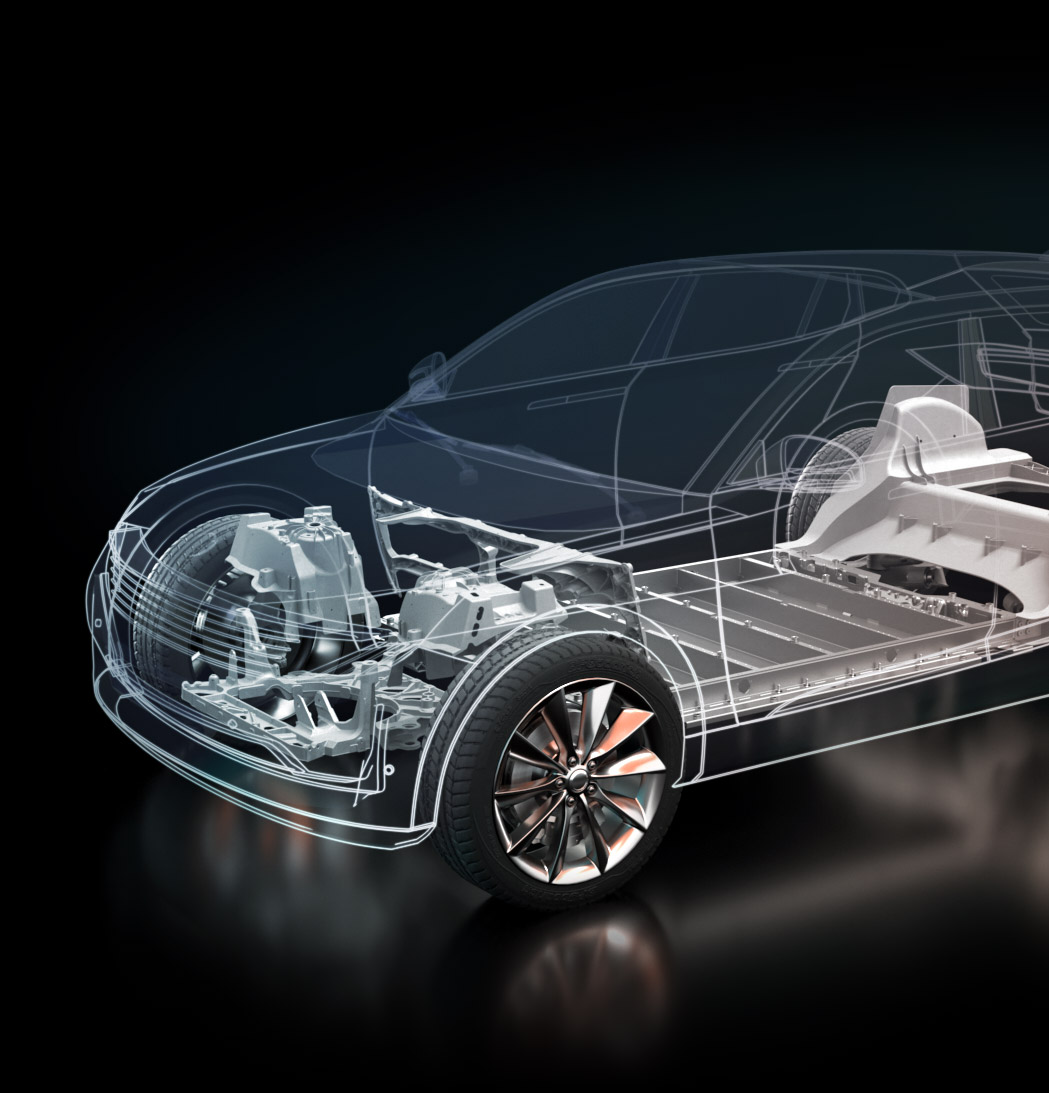 Transparent 3D rendering of a modern car showcasing detailed internal engine and mechanical components.