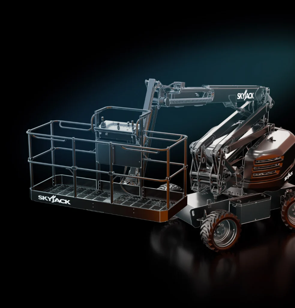 Side view of a Skyjack articulated boom lift with an elevated work platform against a black background.