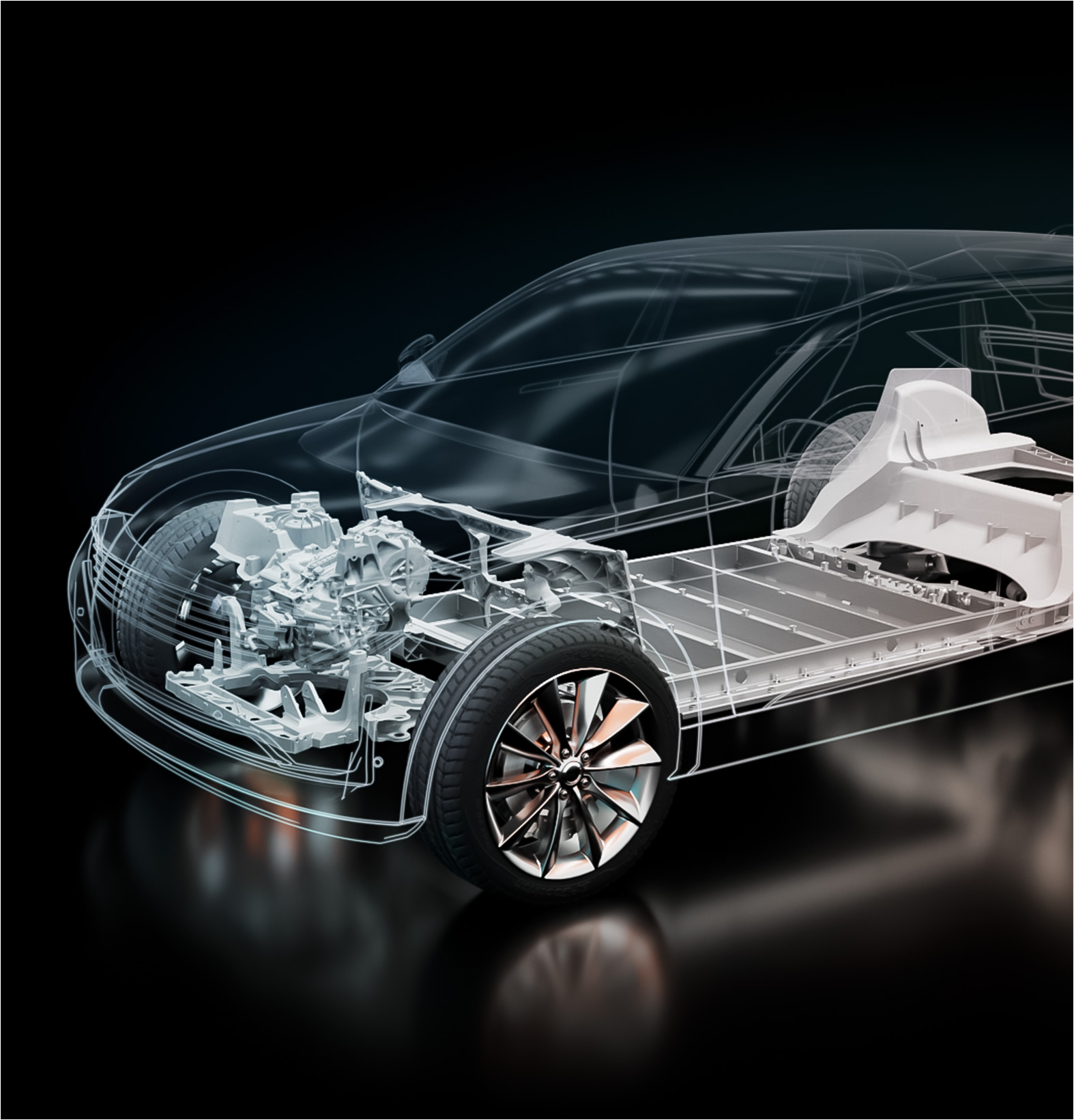 3D transparent rendering of a modern electric car highlighting the internal battery pack and engine components.