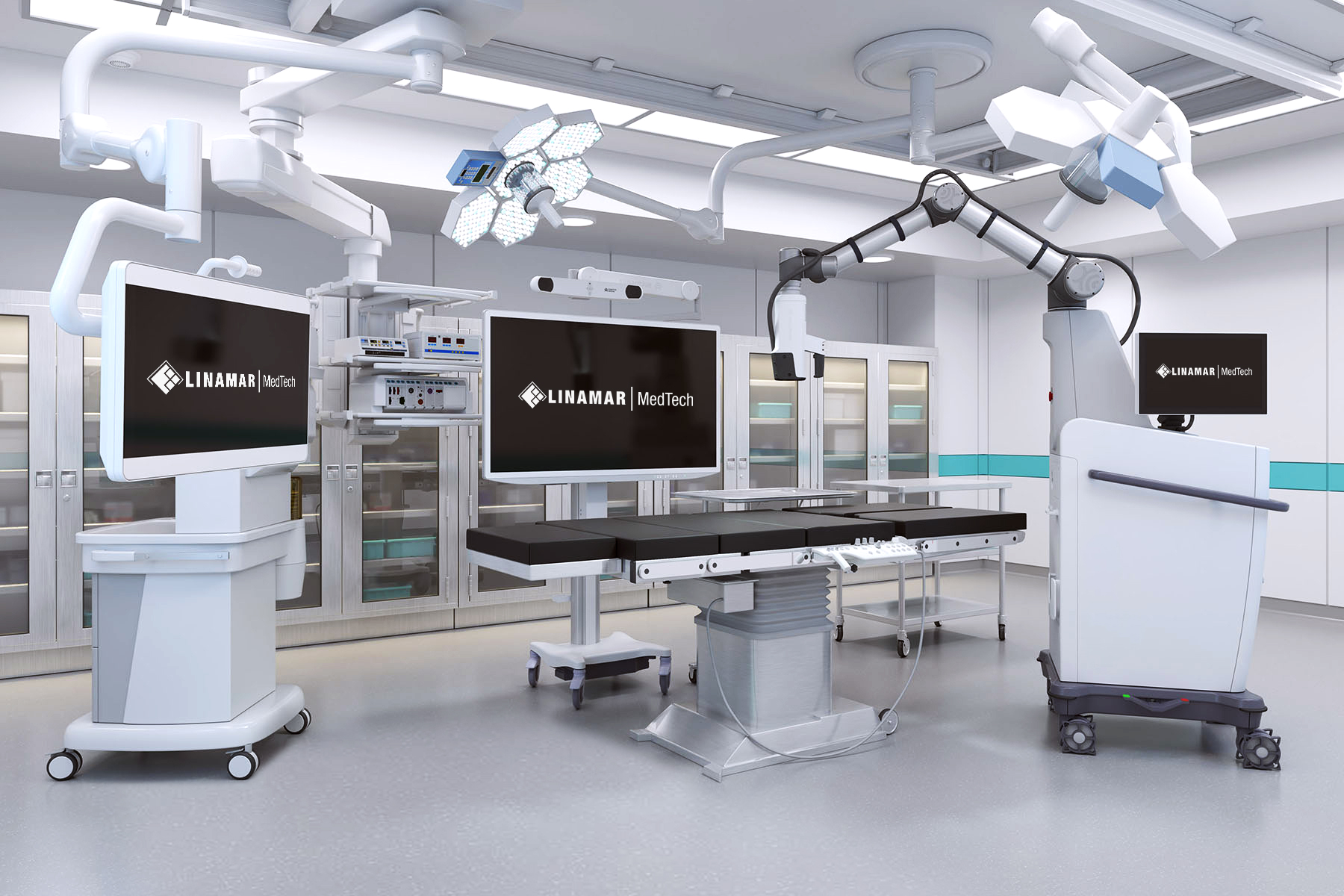 Modern, high-tech operating room featuring advanced surgical lights, multiple monitors, and a central operating table in a clean, sterile environment.