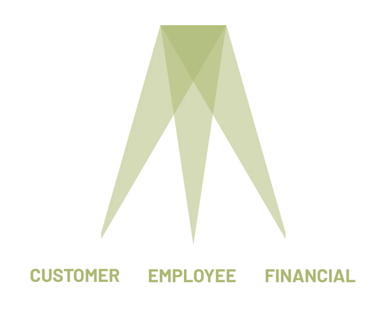 Abstract green arrow pointing downward above three words: CUSTOMER, EMPLOYEE, and FINANCIAL, representing key business focus areas.