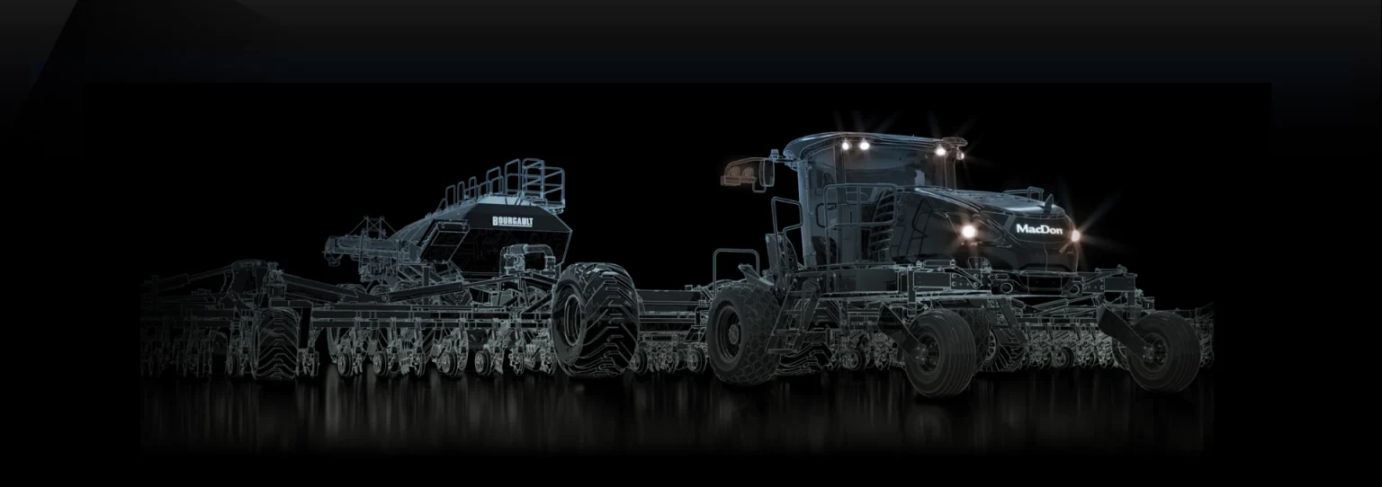 Detailed 3D wireframe model of a large agricultural harvester machine against a black background