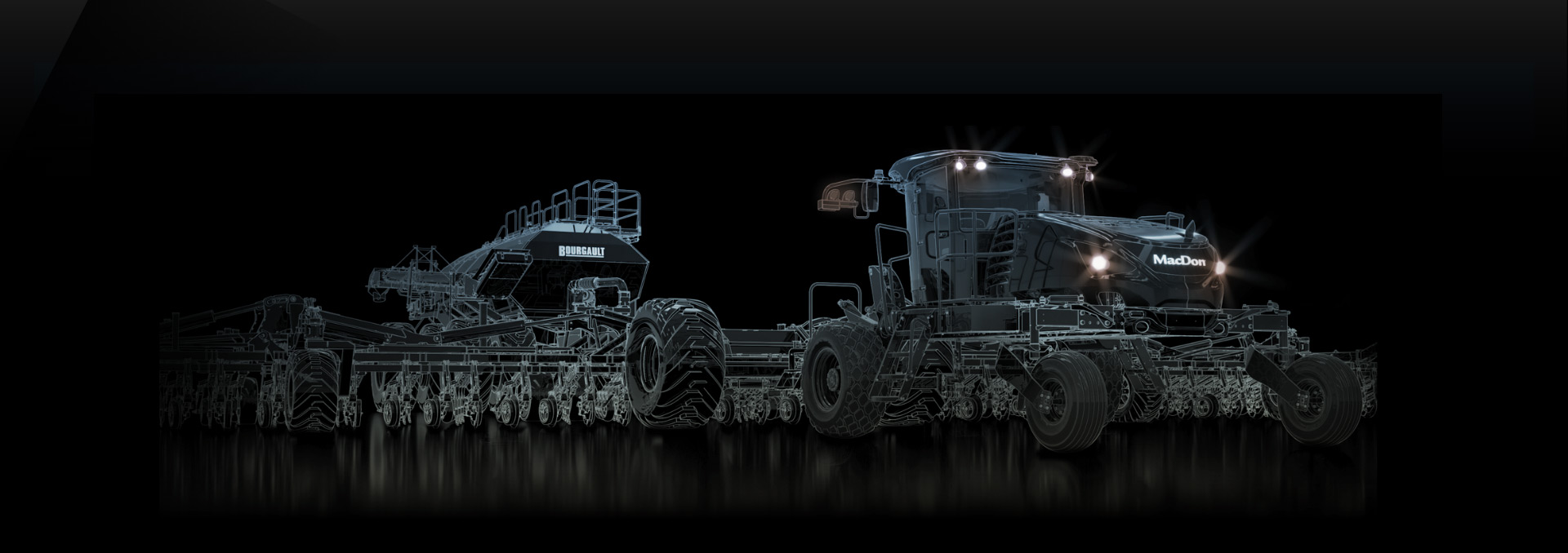 Detailed 3D wireframe model of a large agricultural harvester machine against a black background